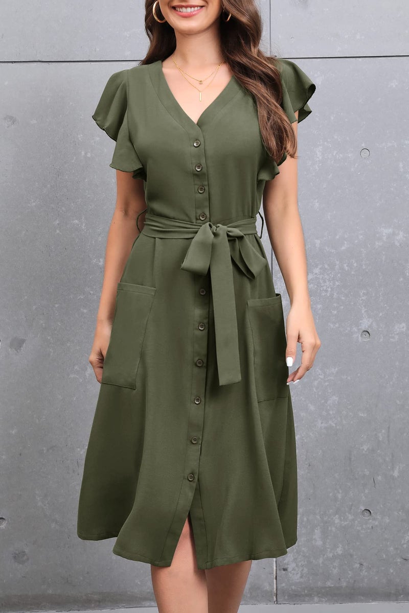 MITILLY Womenâ€™s Boho Flutter Short Sleeve V Neck Button Down A-Line Swing Casual Midi Dress with Pockets Large Army Green - Image 2
